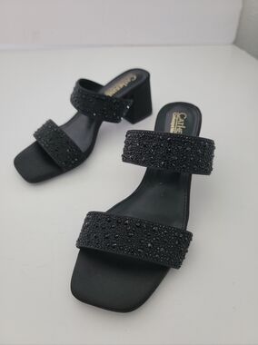 Catherine Malandrino Black Embellished Block Heel Sandals Size 7
